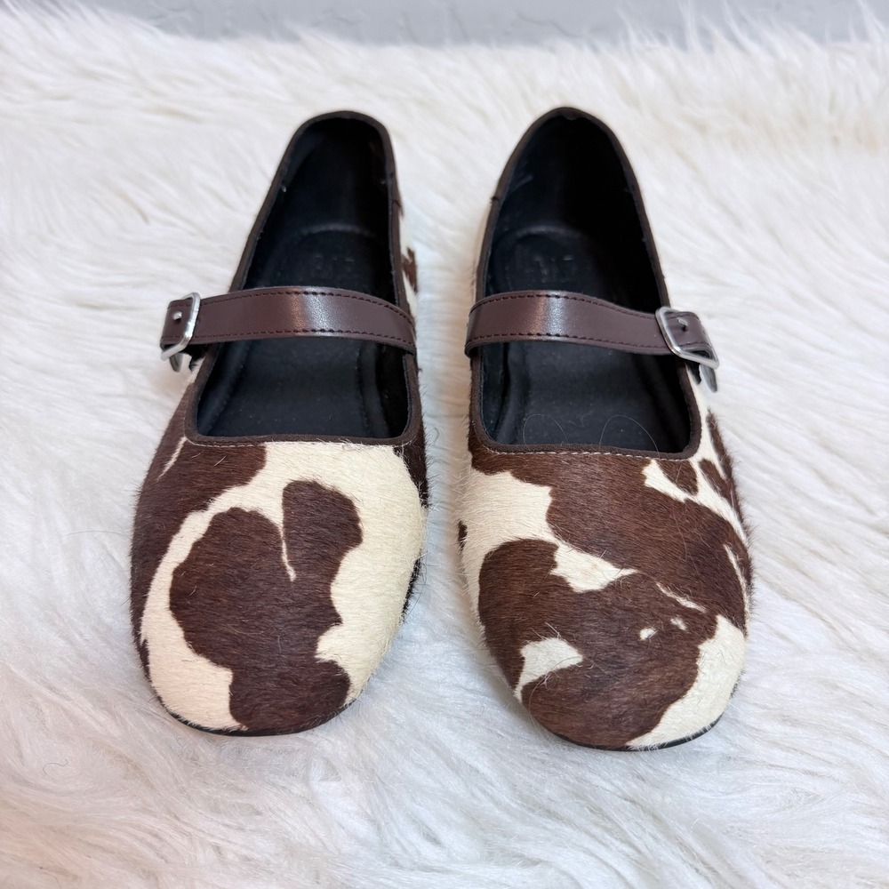 Gap Cow Print Calf Hair Mary Jane Flats Brown White Buckle Strap Shoes Size 7 - Picture 2 of 6